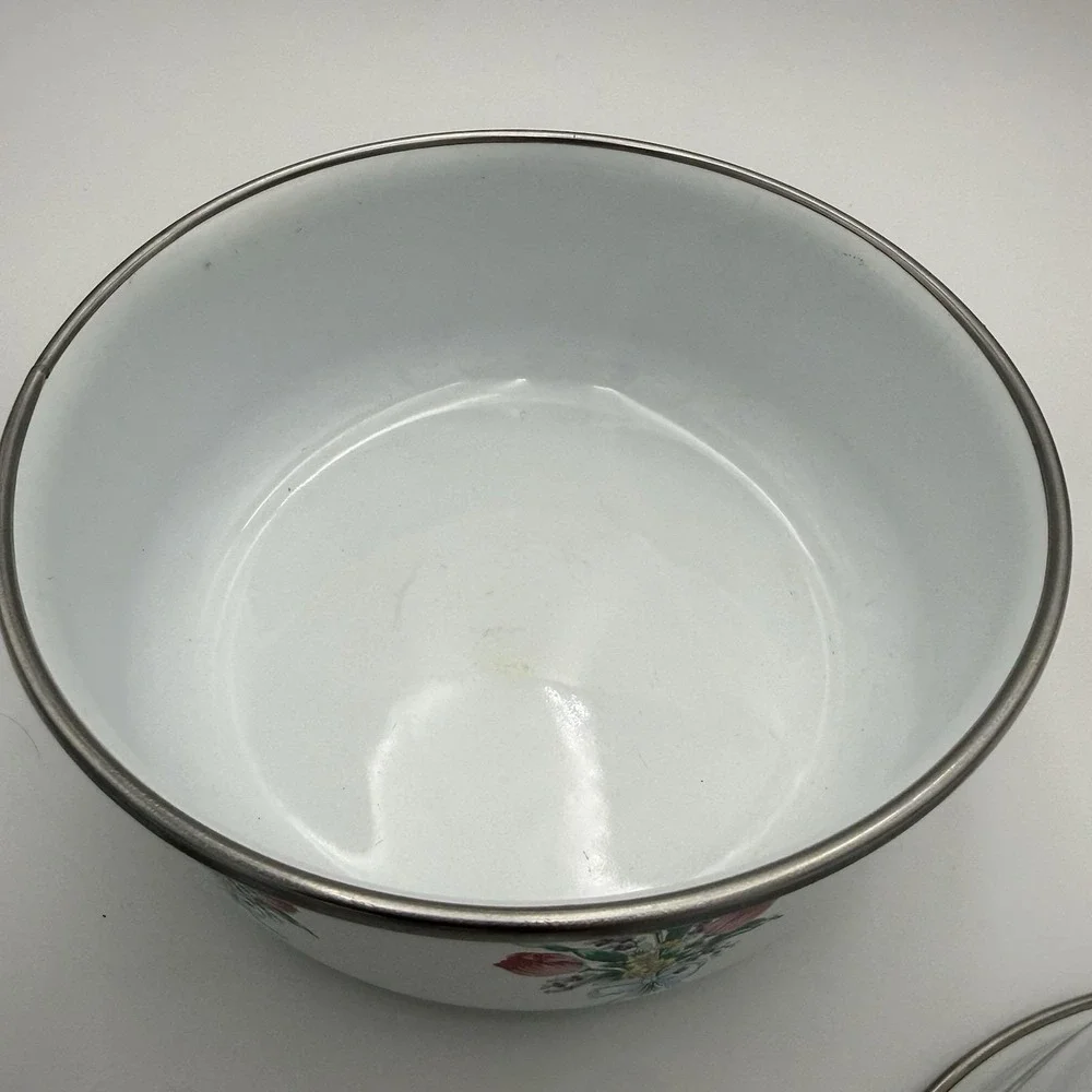 Vtg Metal Enamel Ware Nesting Mixing Bowls Set 3 Pink Floral MCM Cottage Shabby